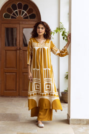 Mustard Yellow Abstract Geometric Rayon Print Ethnic Set