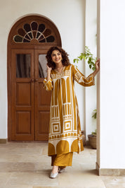 Mustard Yellow Abstract Geometric Rayon Print Ethnic Set