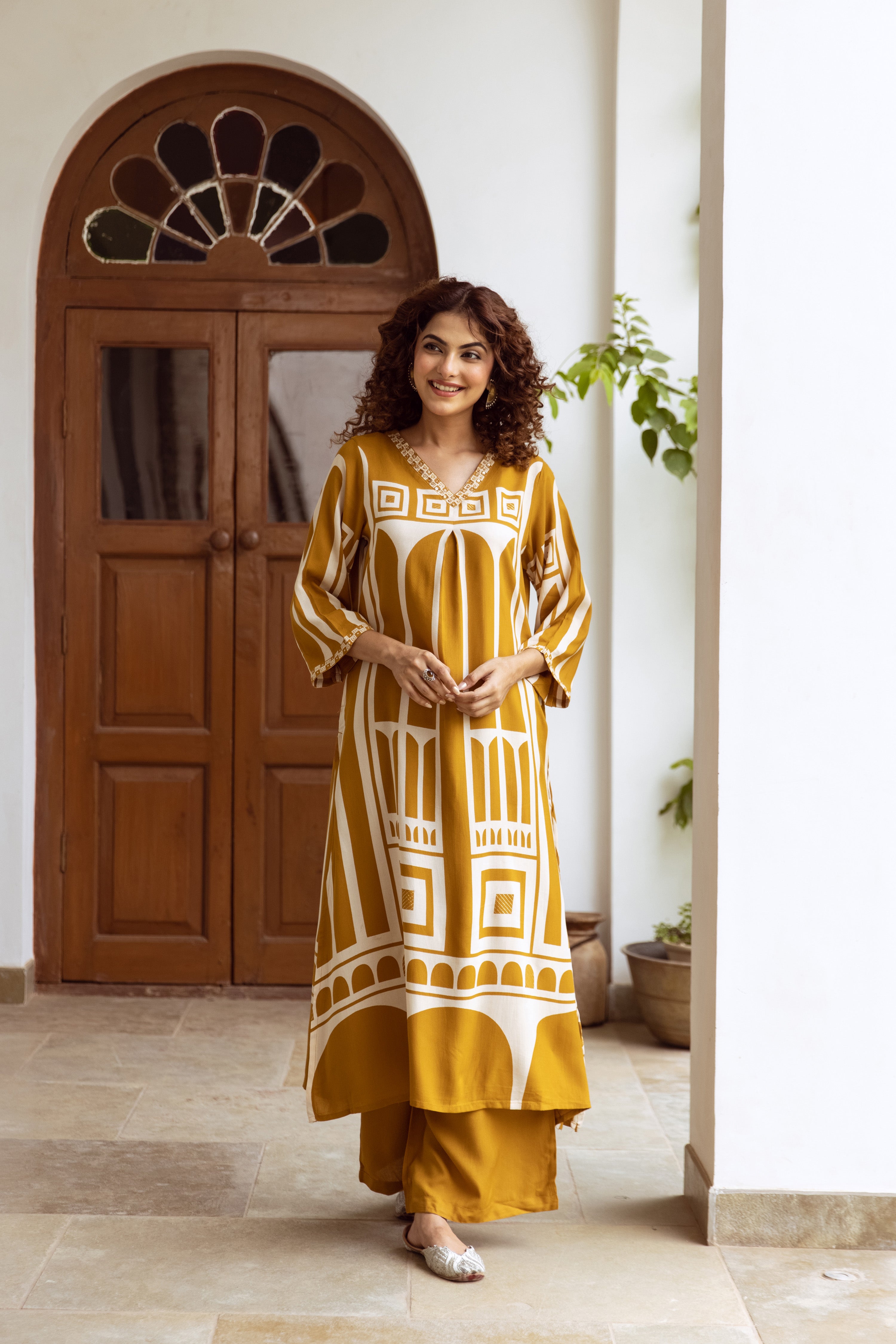 Mustard Yellow Abstract Geometric Rayon Print Ethnic Set