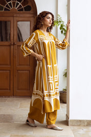 Mustard Yellow Abstract Geometric Rayon Print Ethnic Set