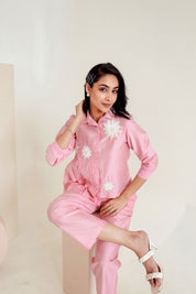 Pink Asymmetric Shirt Style Tunic Set