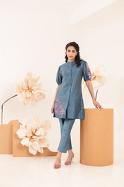 Blue Color Cotton Modal Embroidered Patch Co-Ord Set