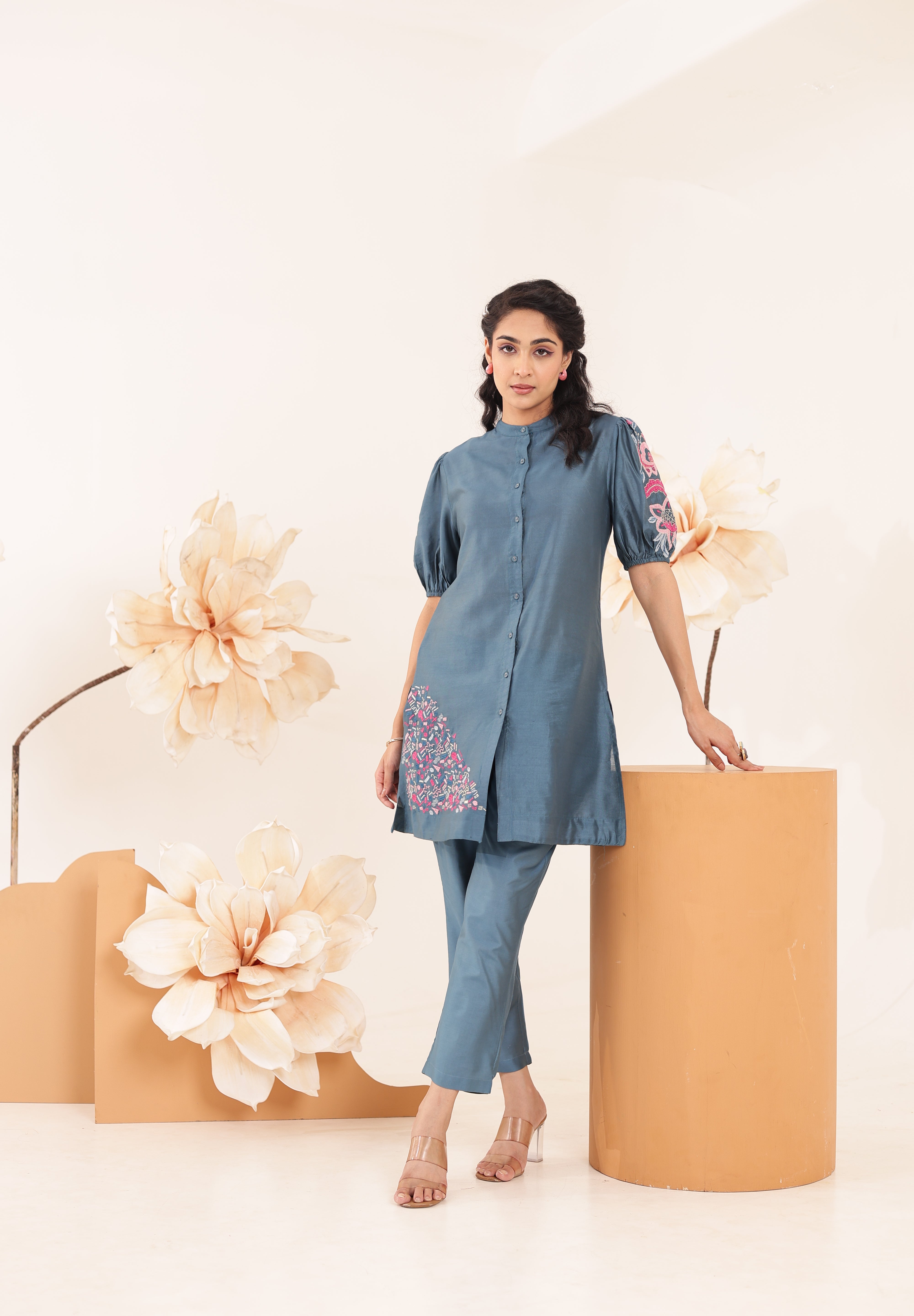 Blue Color Cotton Modal Embroidered Patch Co-Ord Set