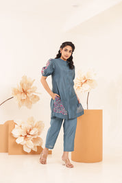 Blue Color Cotton Modal Embroidered Patch Co-Ord Set