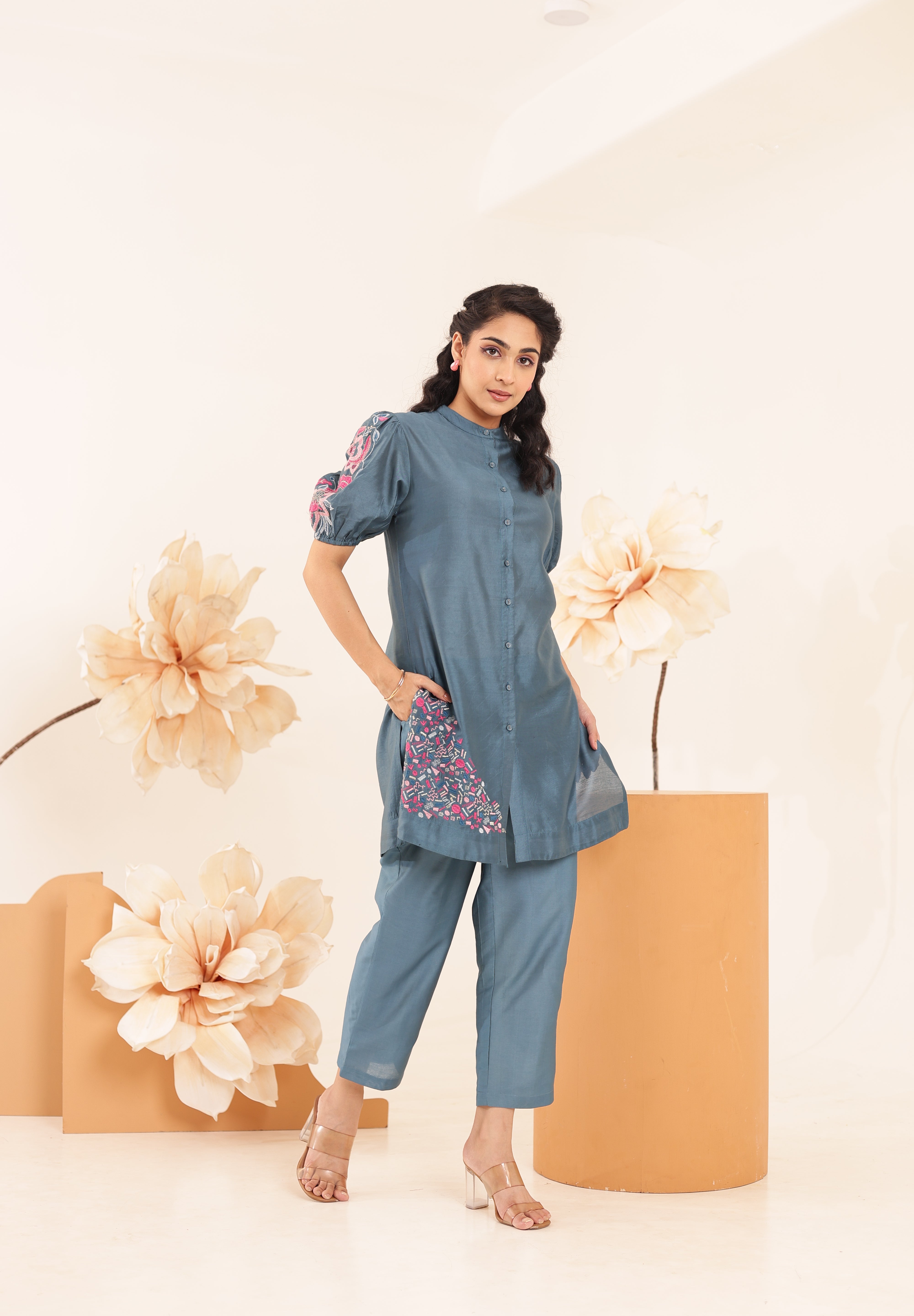 Blue Color Cotton Modal Embroidered Patch Co-Ord Set