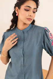 Blue Color Cotton Modal Embroidered Patch Co-Ord Set