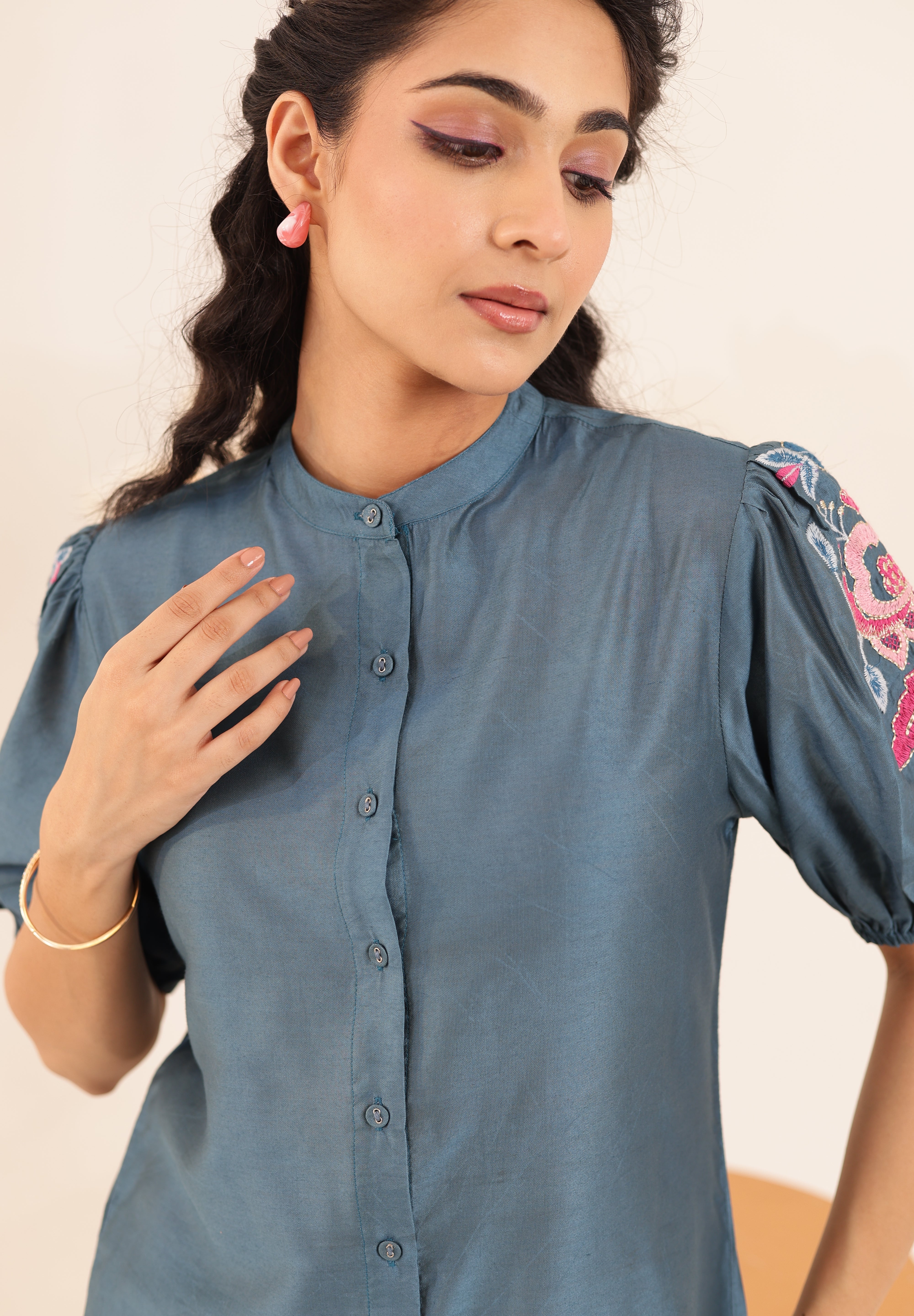 Blue Color Cotton Modal Embroidered Patch Co-Ord Set