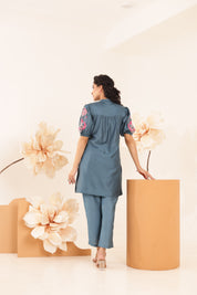 Blue Color Cotton Modal Embroidered Patch Co-Ord Set