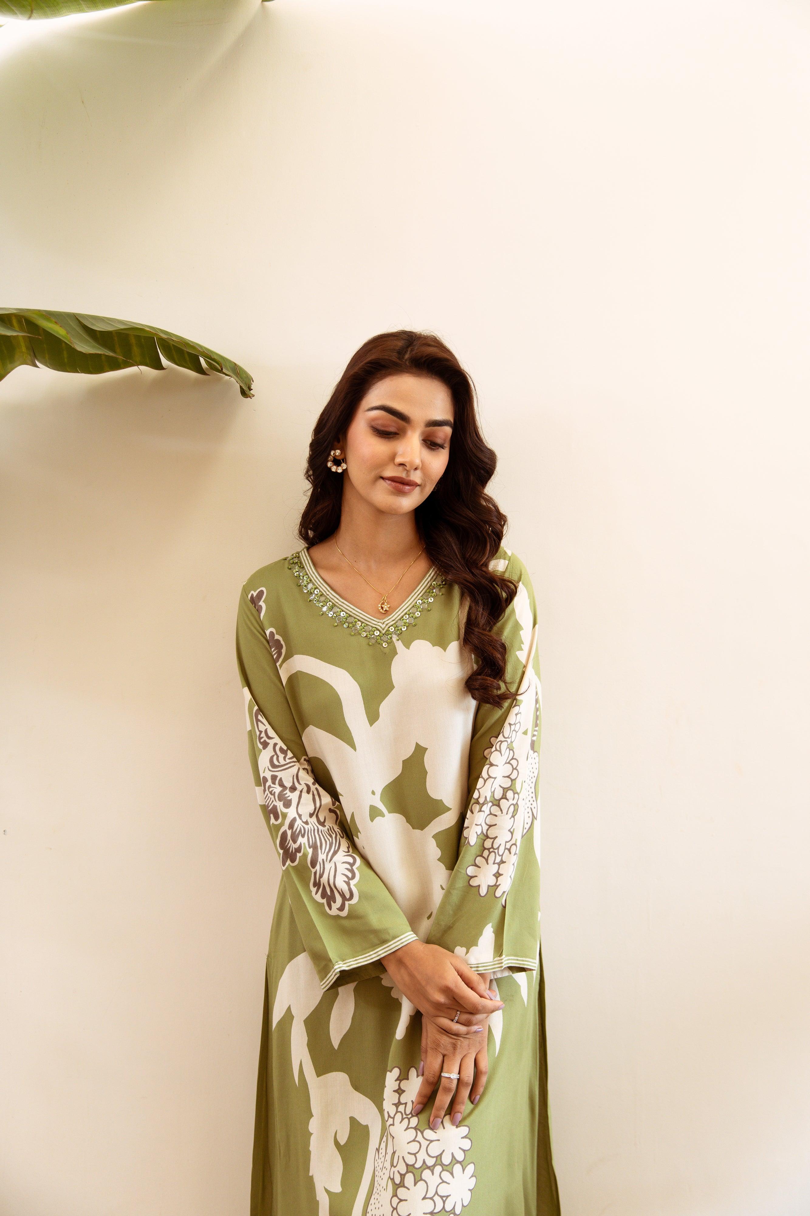 Green Bold Floral Printed Rayon kurta set