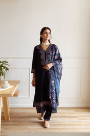 Navy Blue Floral Embroidery German Rayon Ethnic Set With Dupatta