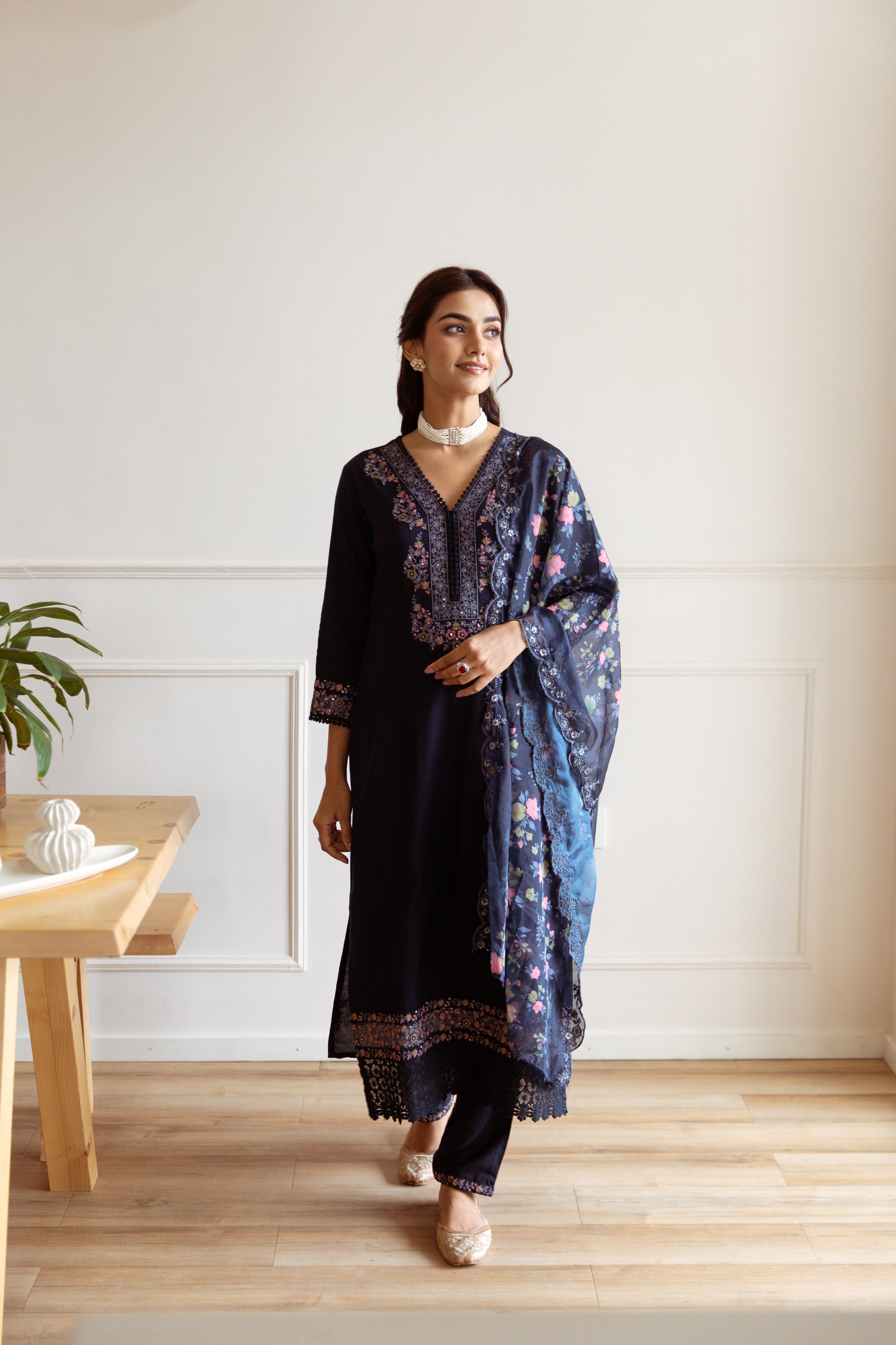 Navy Blue Floral Embroidery German Rayon Ethnic Set With Dupatta