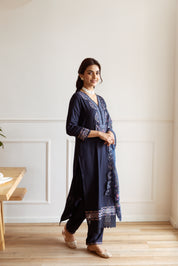 Navy Blue Floral Embroidery German Rayon Ethnic Set With Dupatta