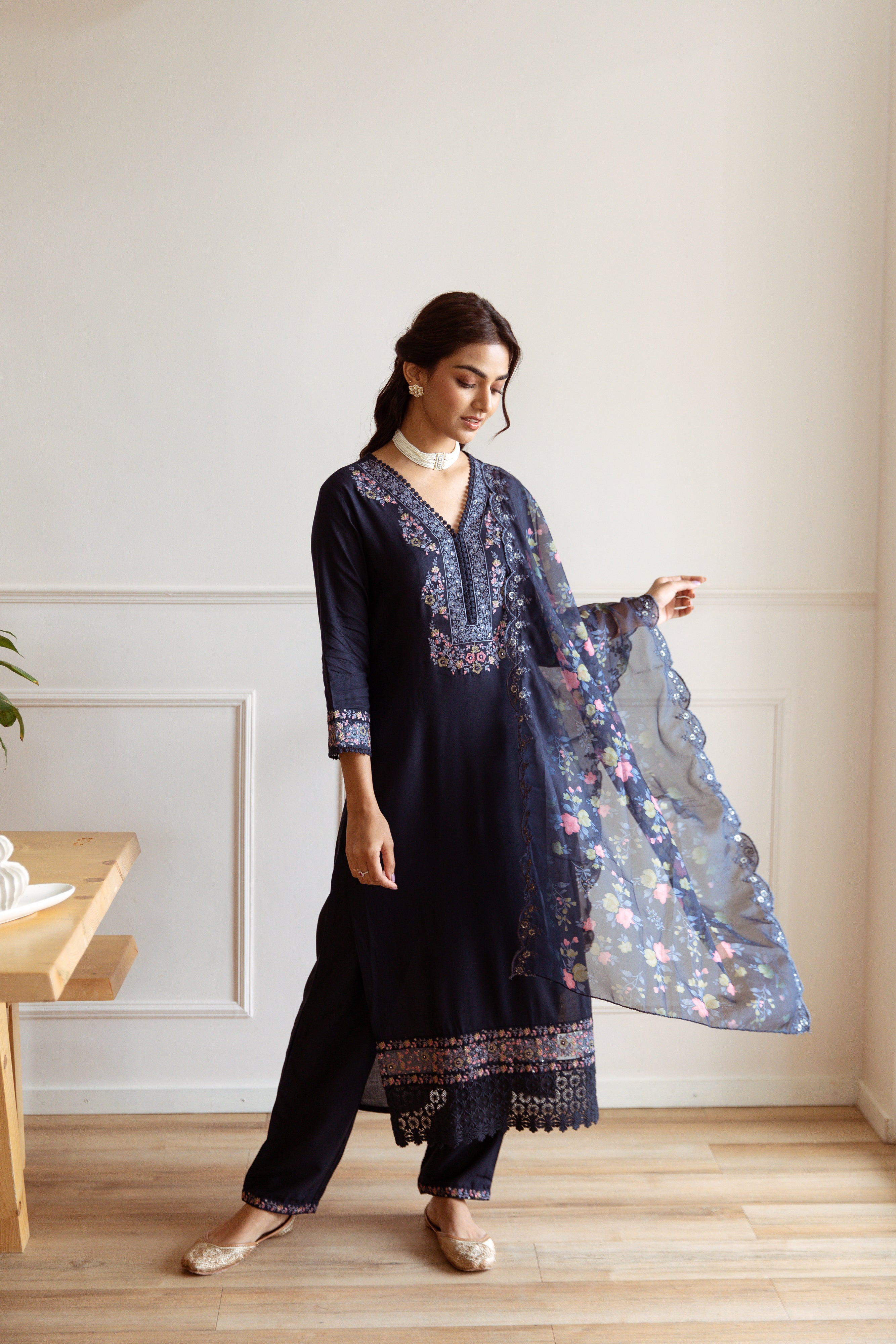 Navy Blue Floral Embroidery German Rayon Ethnic Set With Dupatta