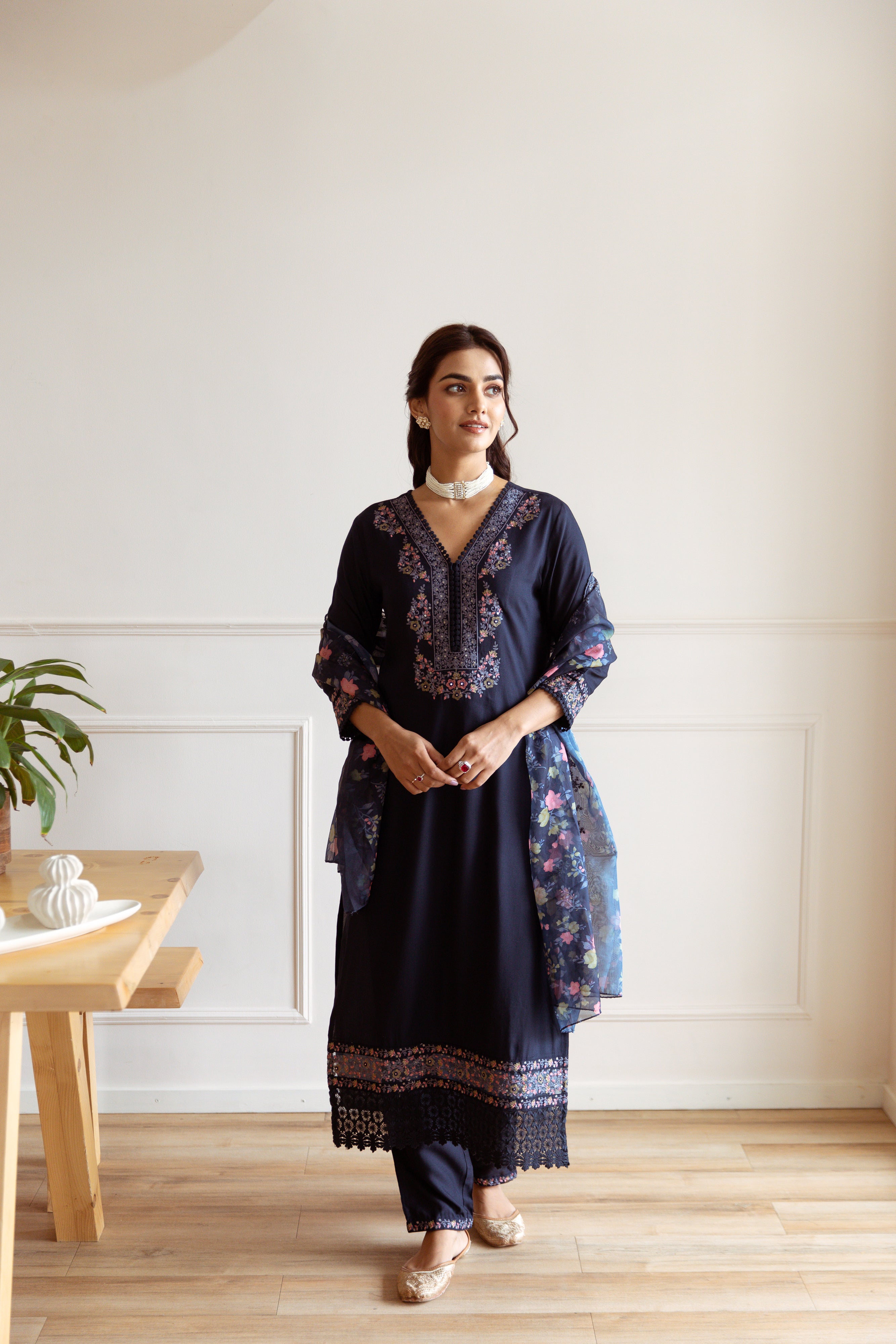 Navy Blue Floral Embroidery German Rayon Ethnic Set With Dupatta