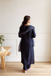 Navy Blue Floral Embroidery German Rayon Ethnic Set With Dupatta