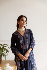 Navy Blue Floral Embroidery German Rayon Ethnic Set With Dupatta