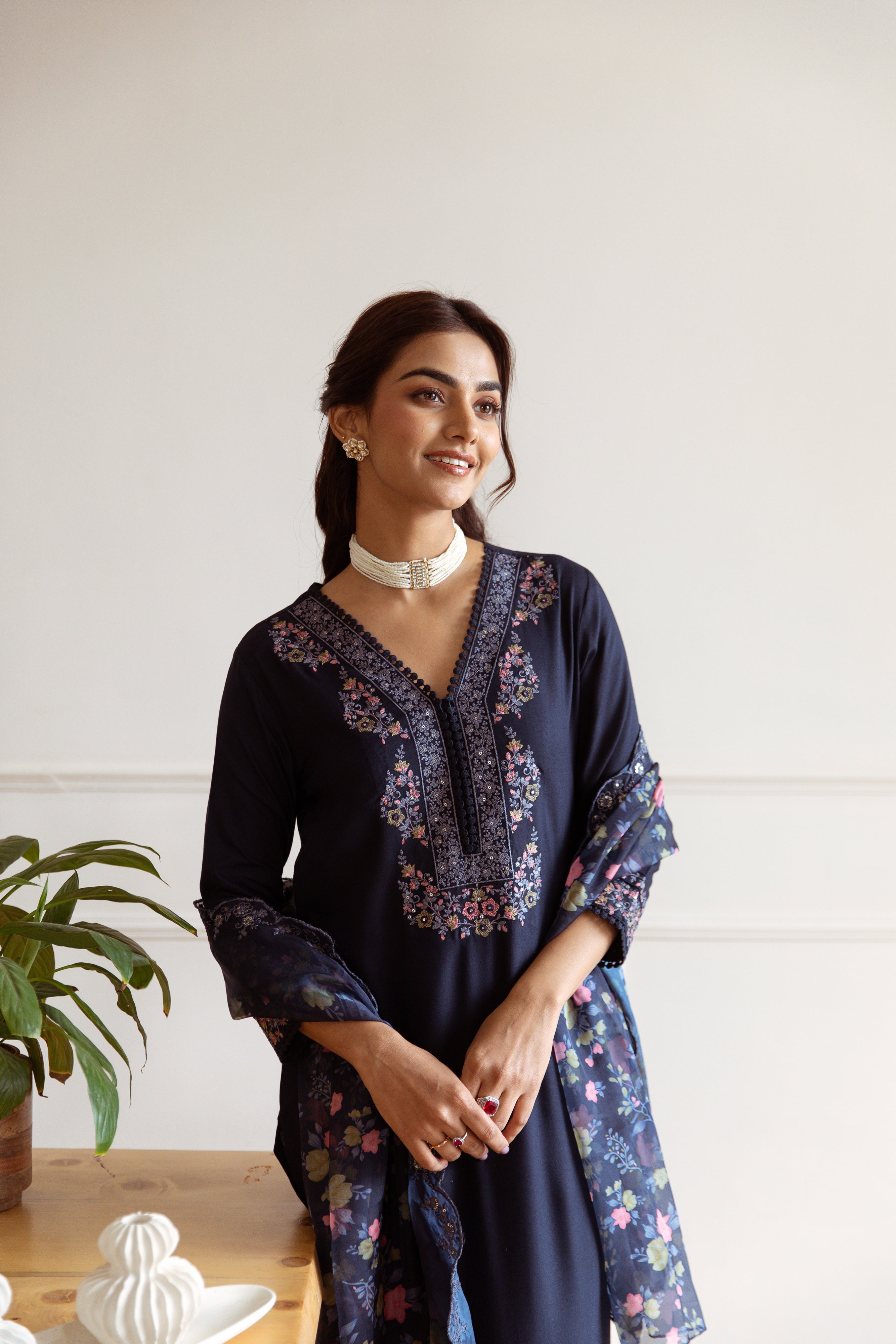 Navy Blue Floral Embroidery German Rayon Ethnic Set With Dupatta