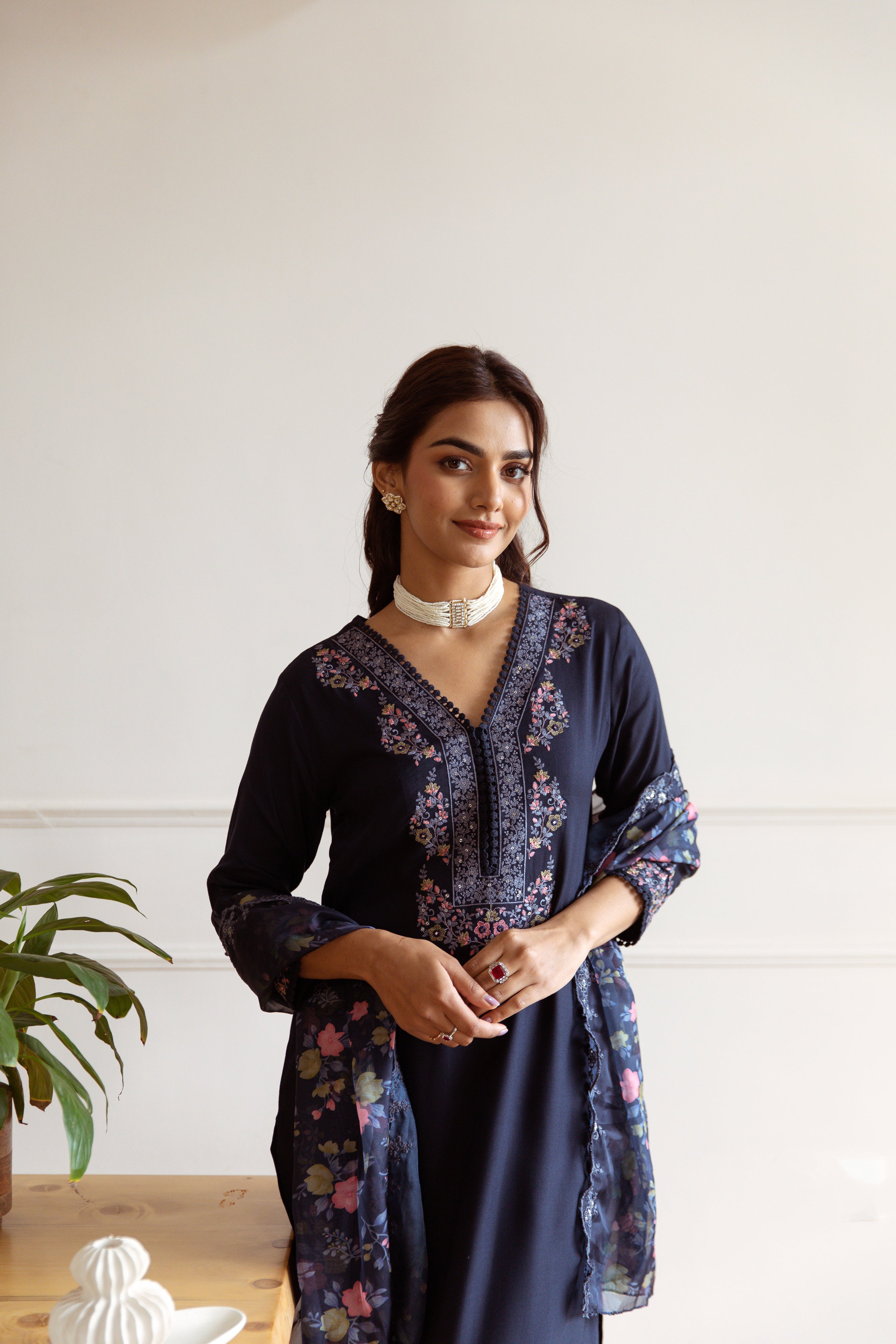 Navy Blue Floral Embroidery German Rayon Ethnic Set With Dupatta