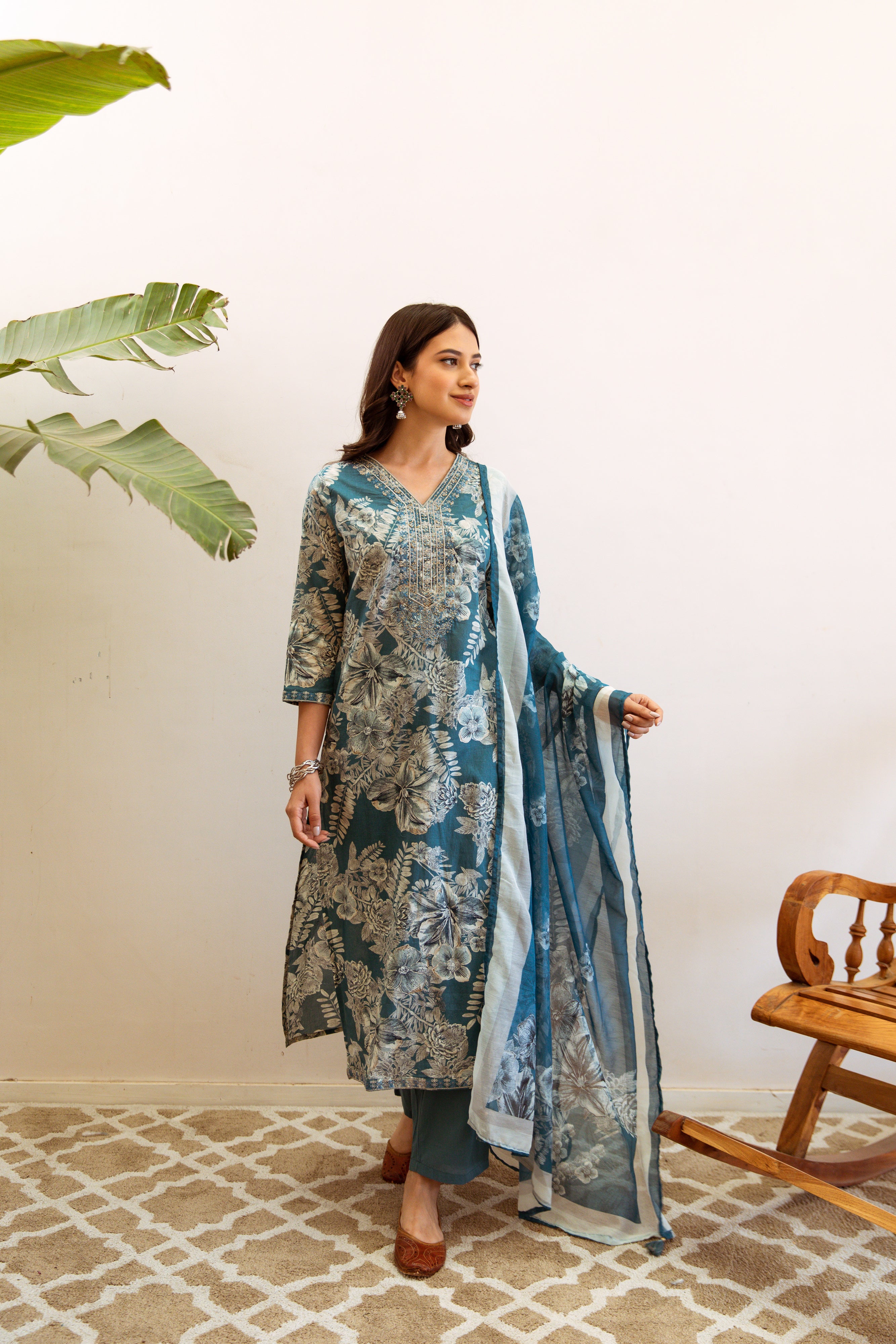 Blue Turquoise Floral Printed Ethnic German Rayon Set with dupatta