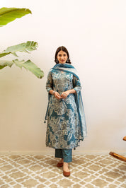 Blue Turquoise Floral Printed Ethnic German Rayon Set with dupatta