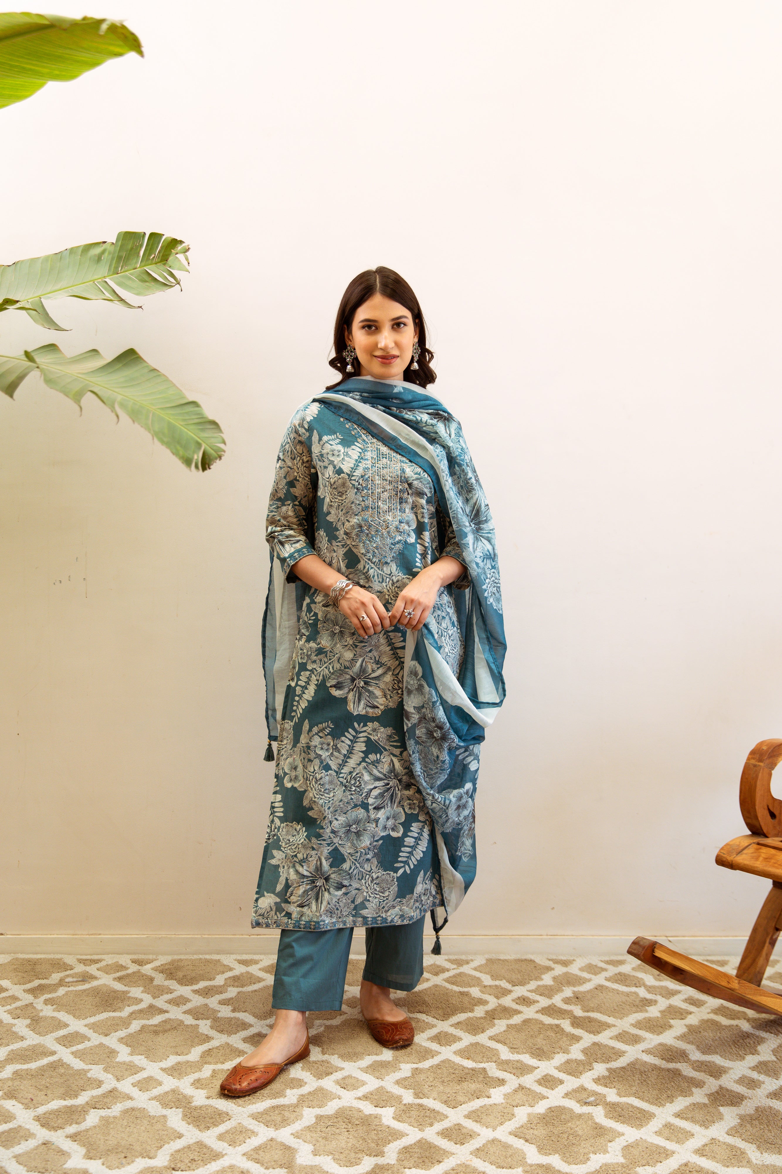 Blue Turquoise Floral Printed Ethnic German Rayon Set with dupatta