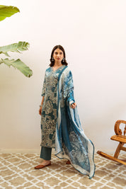 Blue Turquoise Floral Printed Ethnic German Rayon Set with dupatta