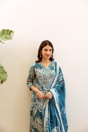 Blue Turquoise Floral Printed Ethnic German Rayon Set with dupatta