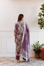 Dark Mauve Floral Printed Ethnic German Rayon Set with dupatta