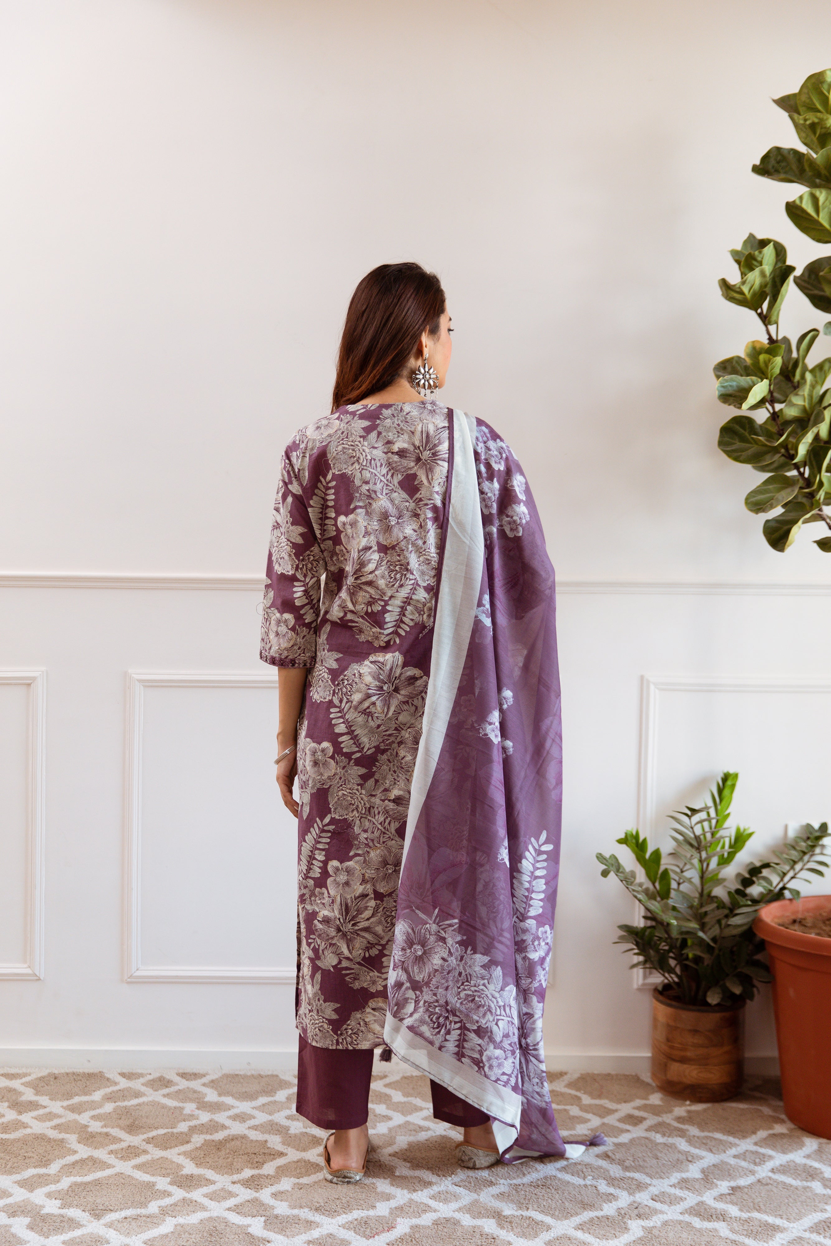 Dark Mauve Floral Printed Ethnic German Rayon Set with dupatta