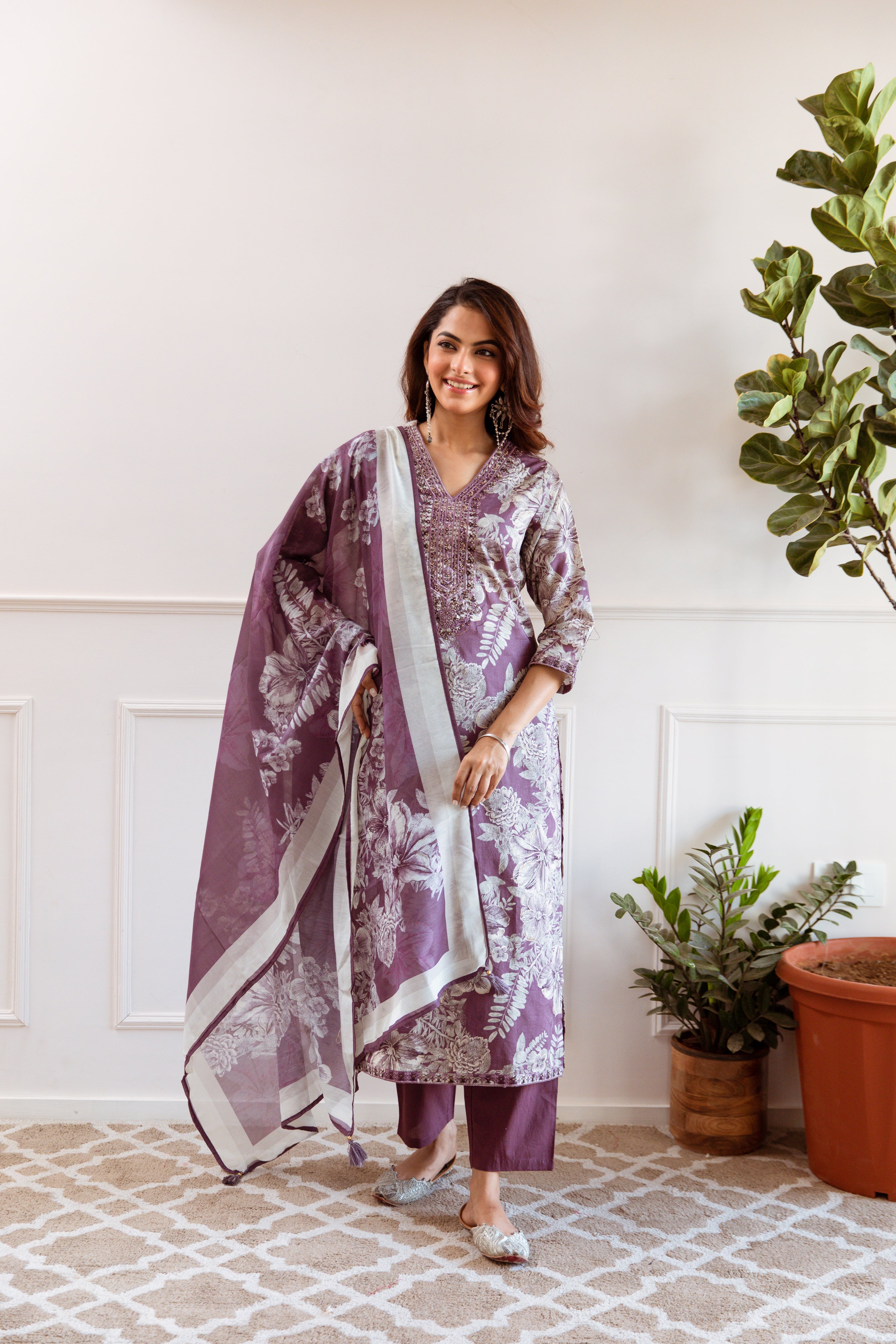 Dark Mauve Floral Printed Ethnic German Rayon Set with dupatta