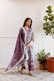 Dark Mauve Floral Printed Ethnic German Rayon Set with dupatta