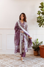 Dark Mauve Floral Printed Ethnic German Rayon Set with dupatta