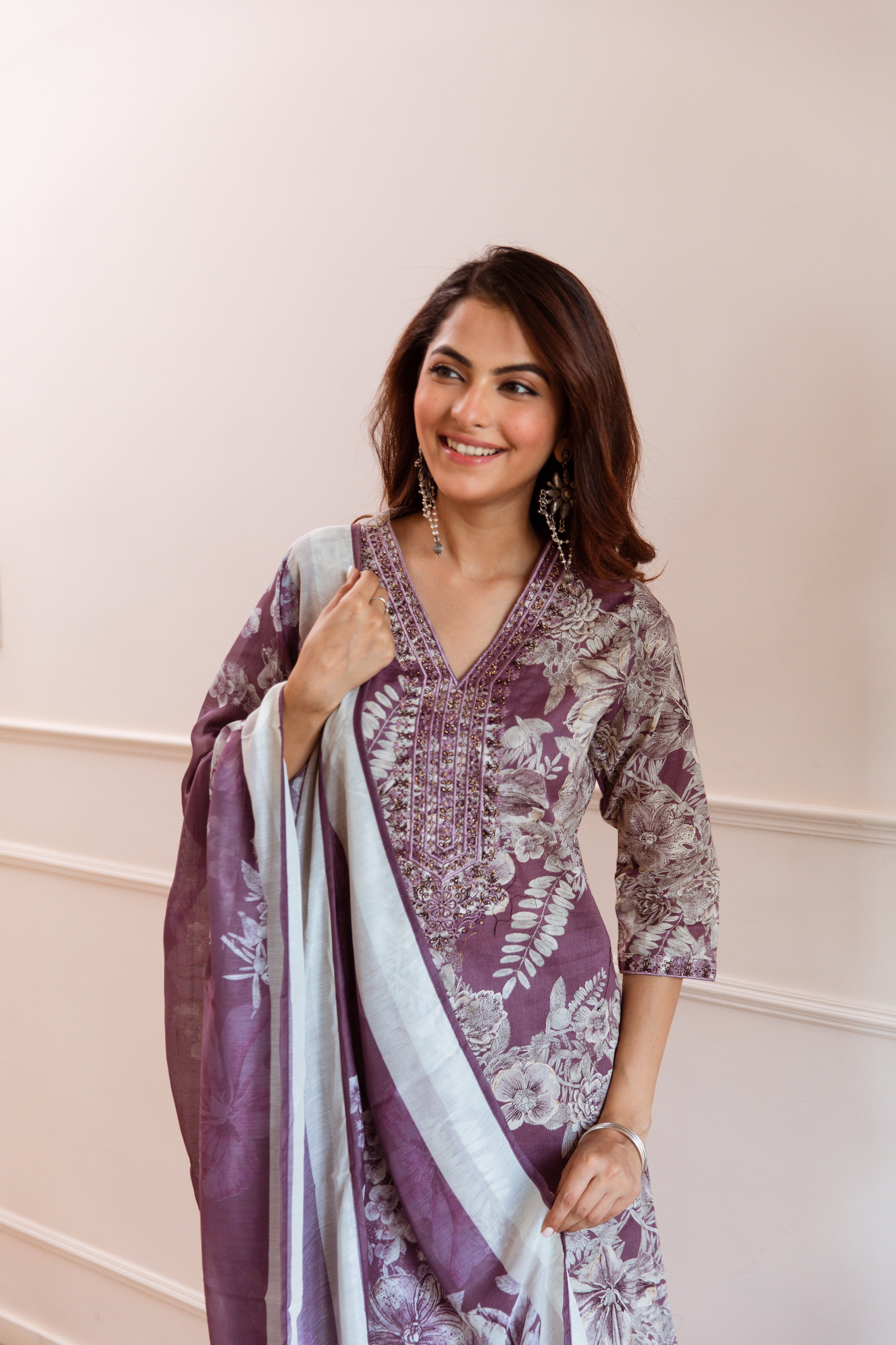 Dark Mauve Floral Printed Ethnic German Rayon Set with dupatta