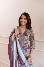 Dark Mauve Floral Printed Ethnic German Rayon Set with dupatta