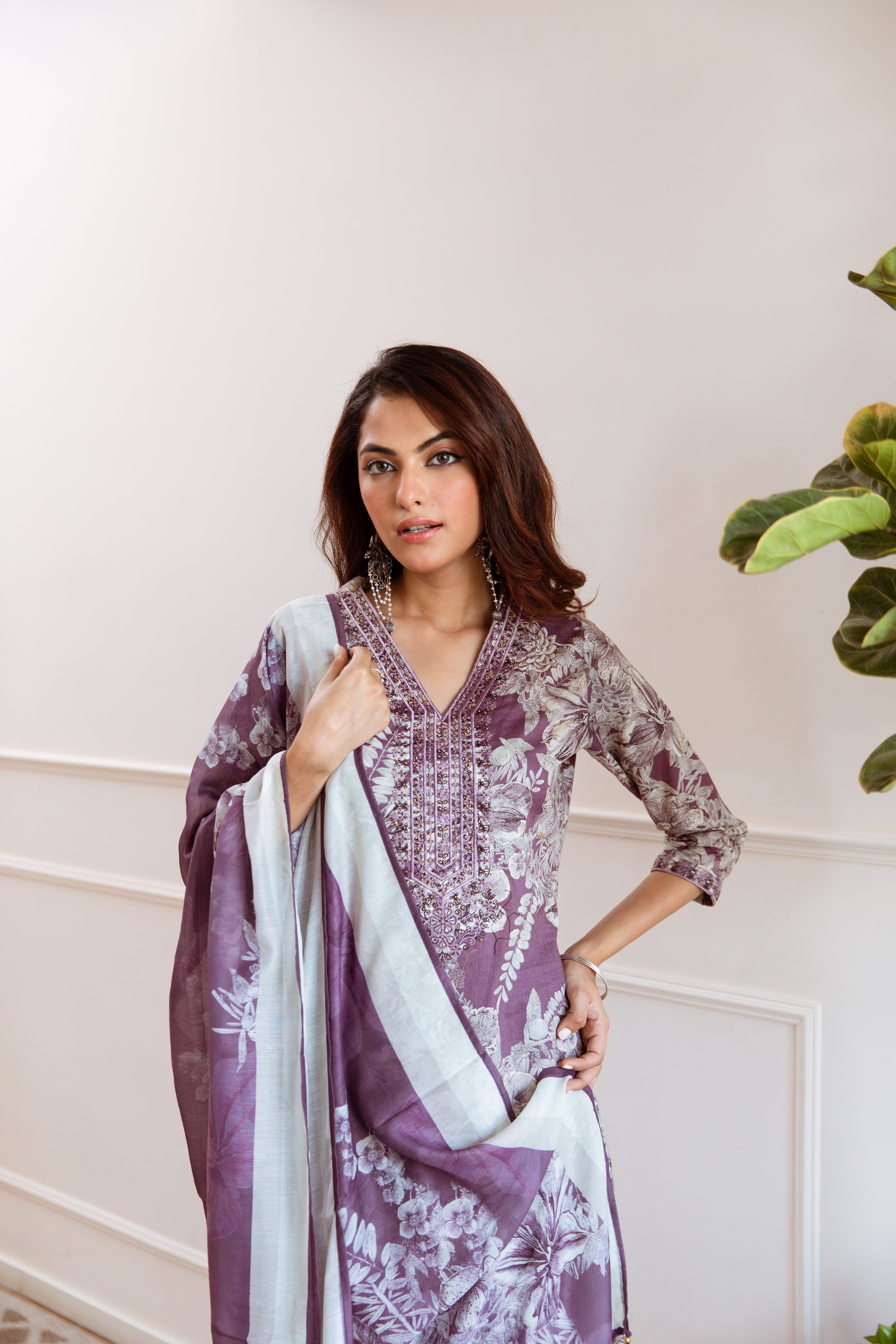 Dark Mauve Floral Printed Ethnic German Rayon Set with dupatta