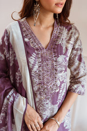 Dark Mauve Floral Printed Ethnic German Rayon Set with dupatta