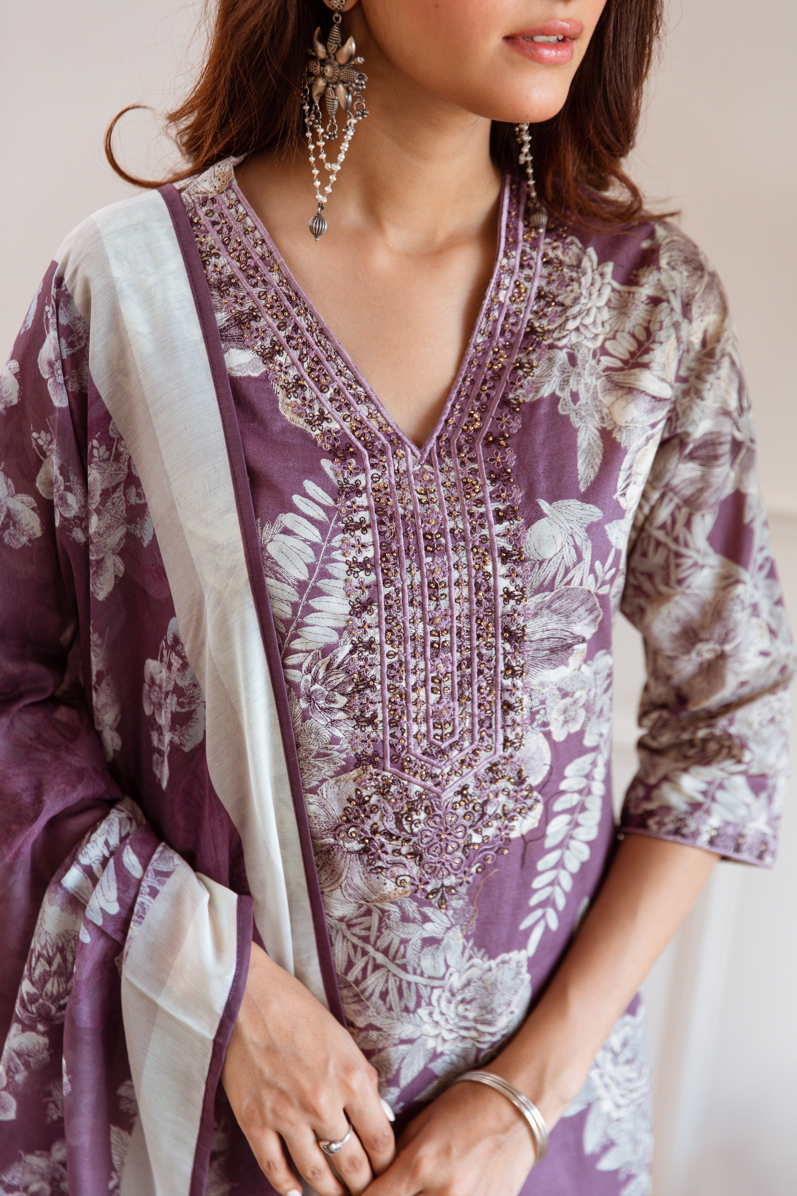 Dark Mauve Floral Printed Ethnic German Rayon Set with dupatta