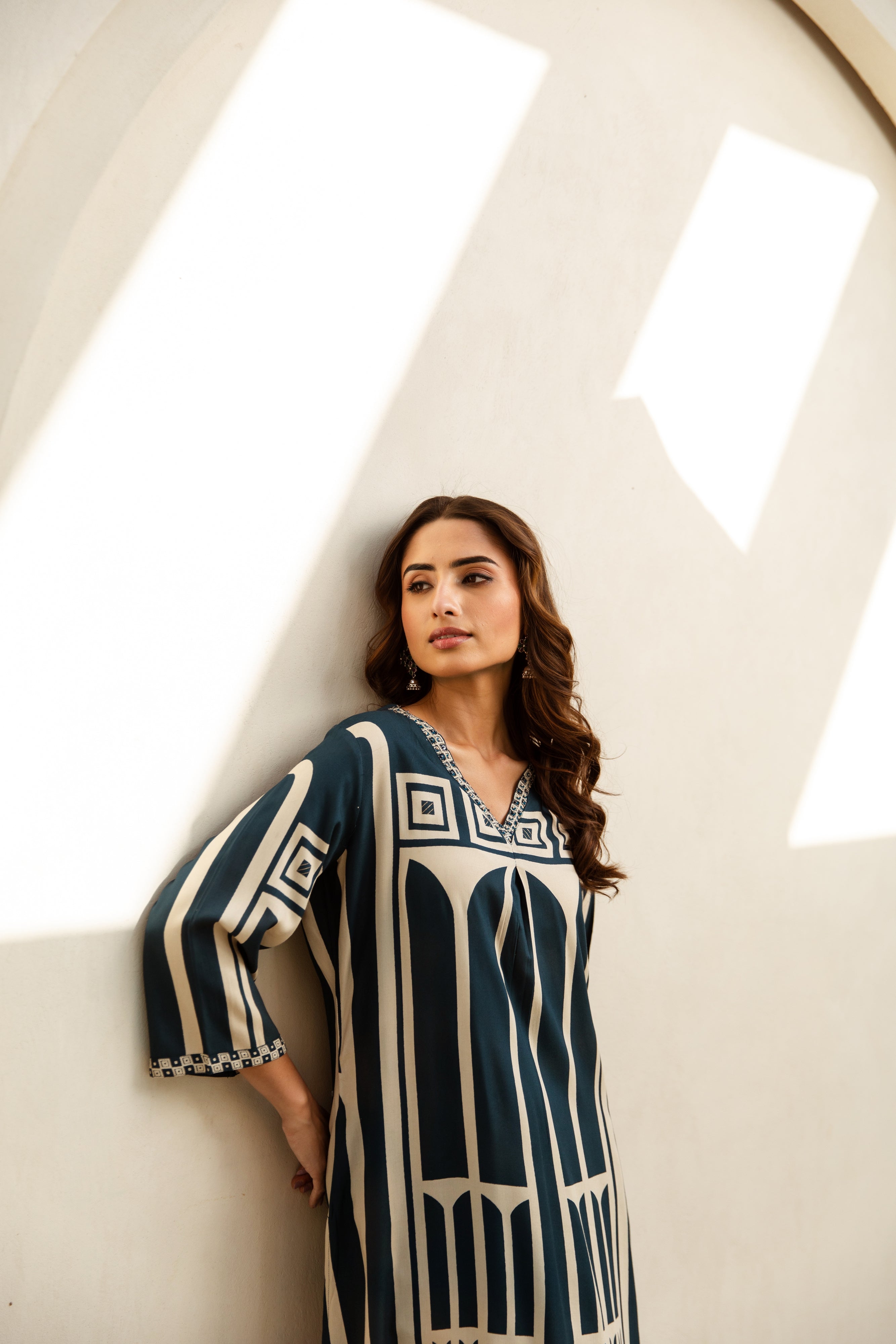 Blue Abstract Geometric Rayon Print Ethnic Set