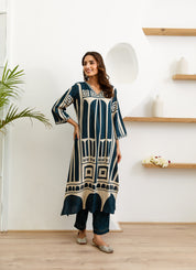 Blue Abstract Geometric Rayon Print Ethnic Set