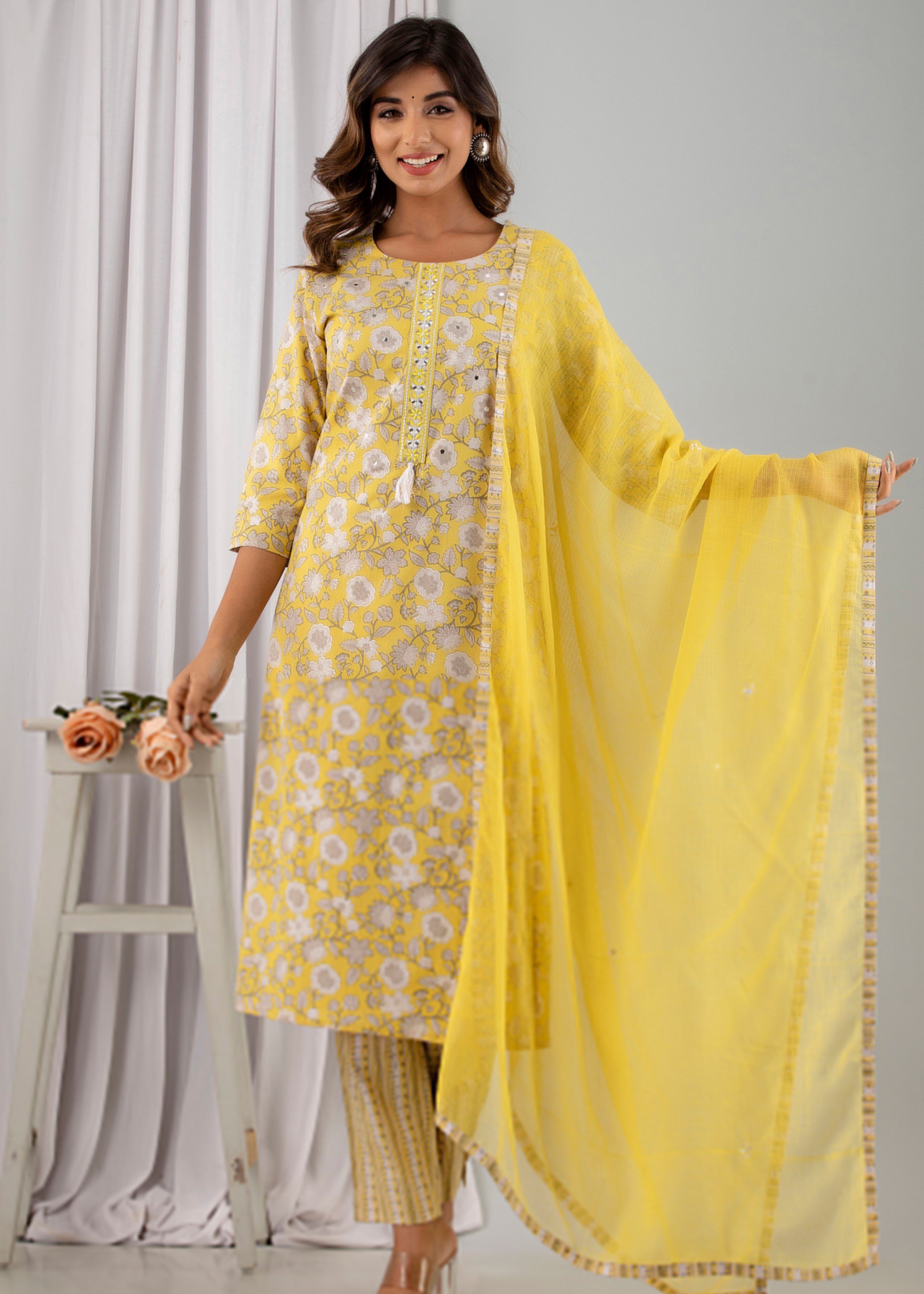 Yellow Printed & Embellished Cotton Kurta with Trousers & With Dupatta - Kaftanize