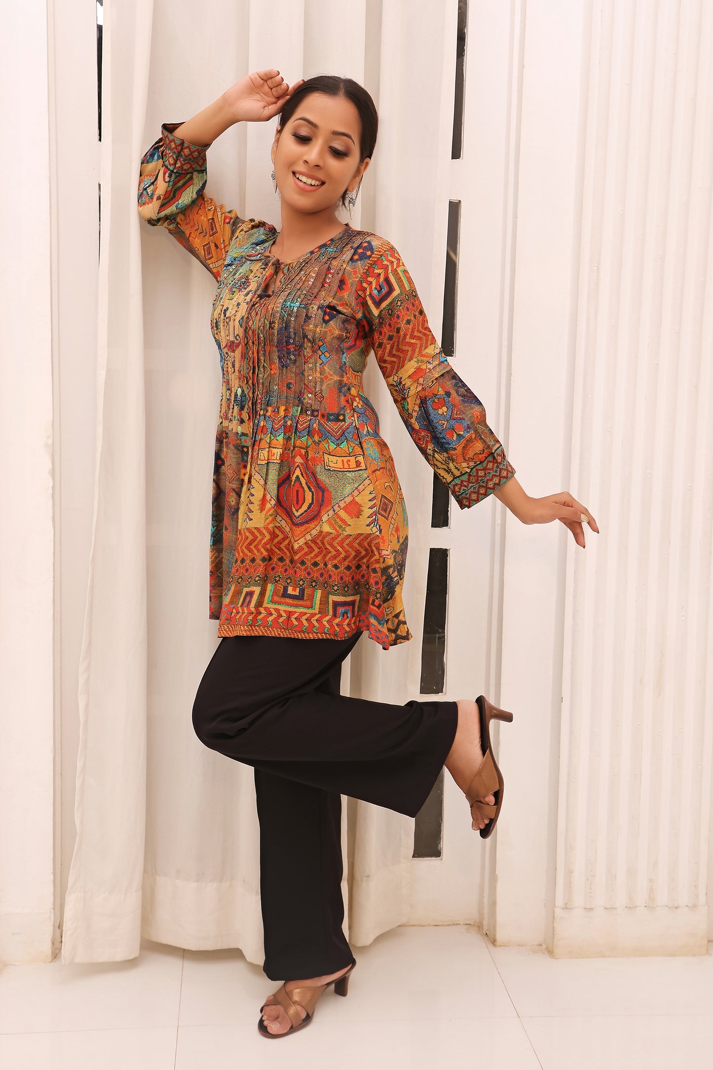 Multicolored Printed Muslin Tunic With Embellishment