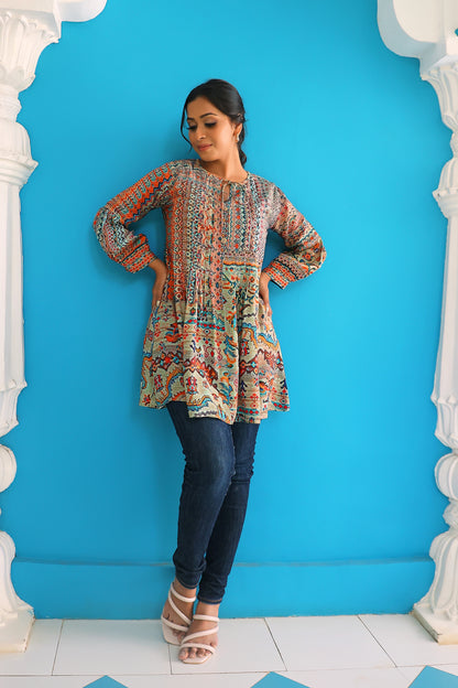 Sand Beige Multicolored Printed Tunic With Embellishment