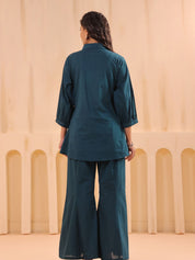 Teal Blue Cotton Co-ord Set with Rosebud Piping Embroidery