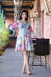 Kota Doria Multicolored Floral Embroidery With Print Tiered Flared Dress - Kaftanize