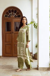 Sage Green Ethnic Set with Abstract Rayon Geometric Print