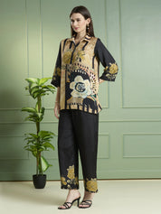 Black & Beige Floral Printed Co-ord Set in Viscose Muslin