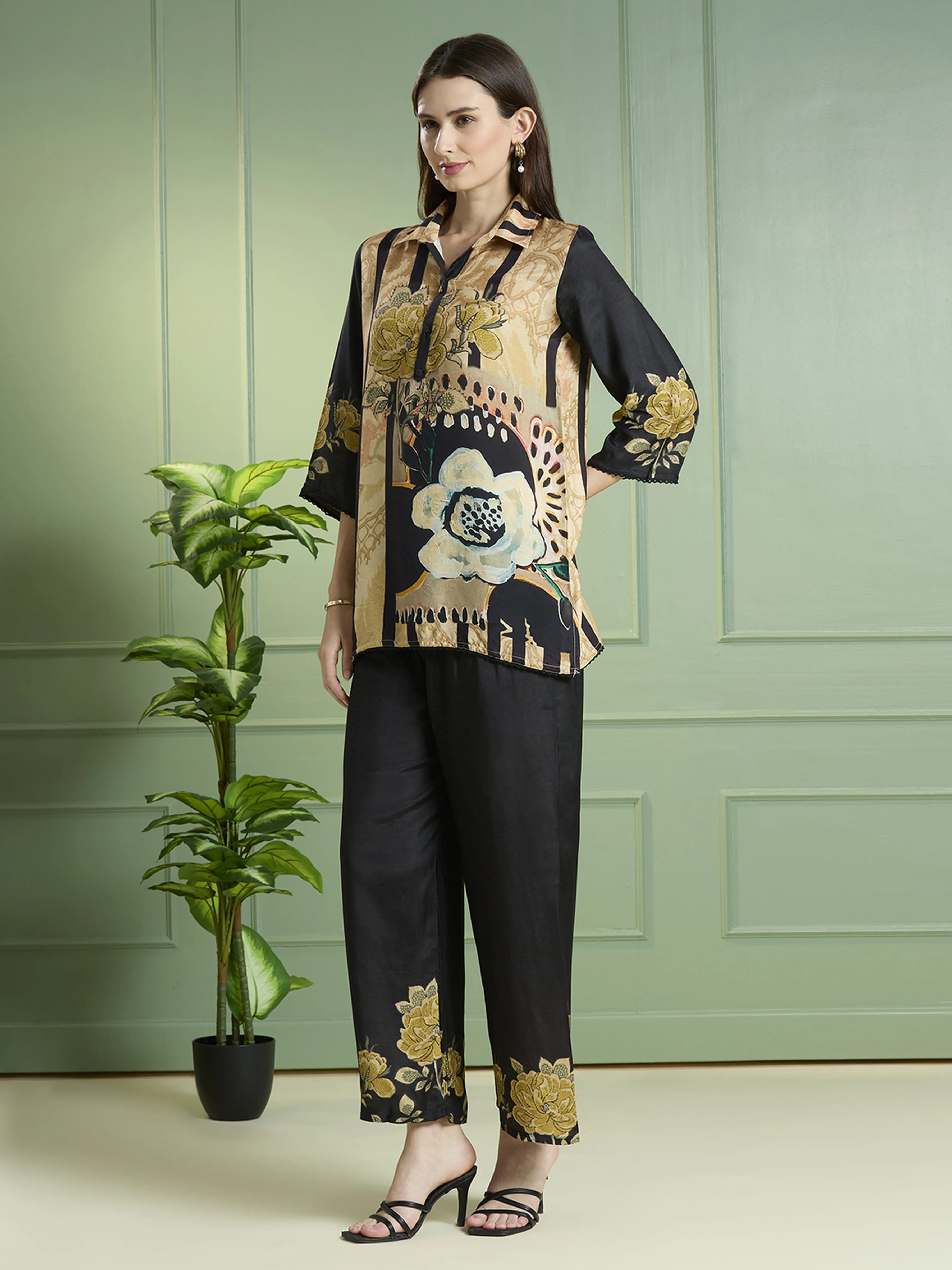 Black & Beige Floral Printed Co-ord Set in Viscose Muslin