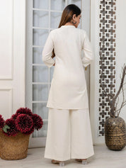 Cream Floral Kurta & Wide-Leg Cotton Flex Co-ord Set