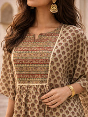 Butter Cream Lurex & Moti Embellished Muslin Kaftan Co-ord Set with Aari Lace Palazzo