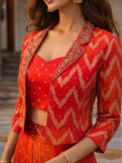 Crimson Orange Ombre Banarasi Brocade Three-Piece Set with Embellished Jacket & Bustier